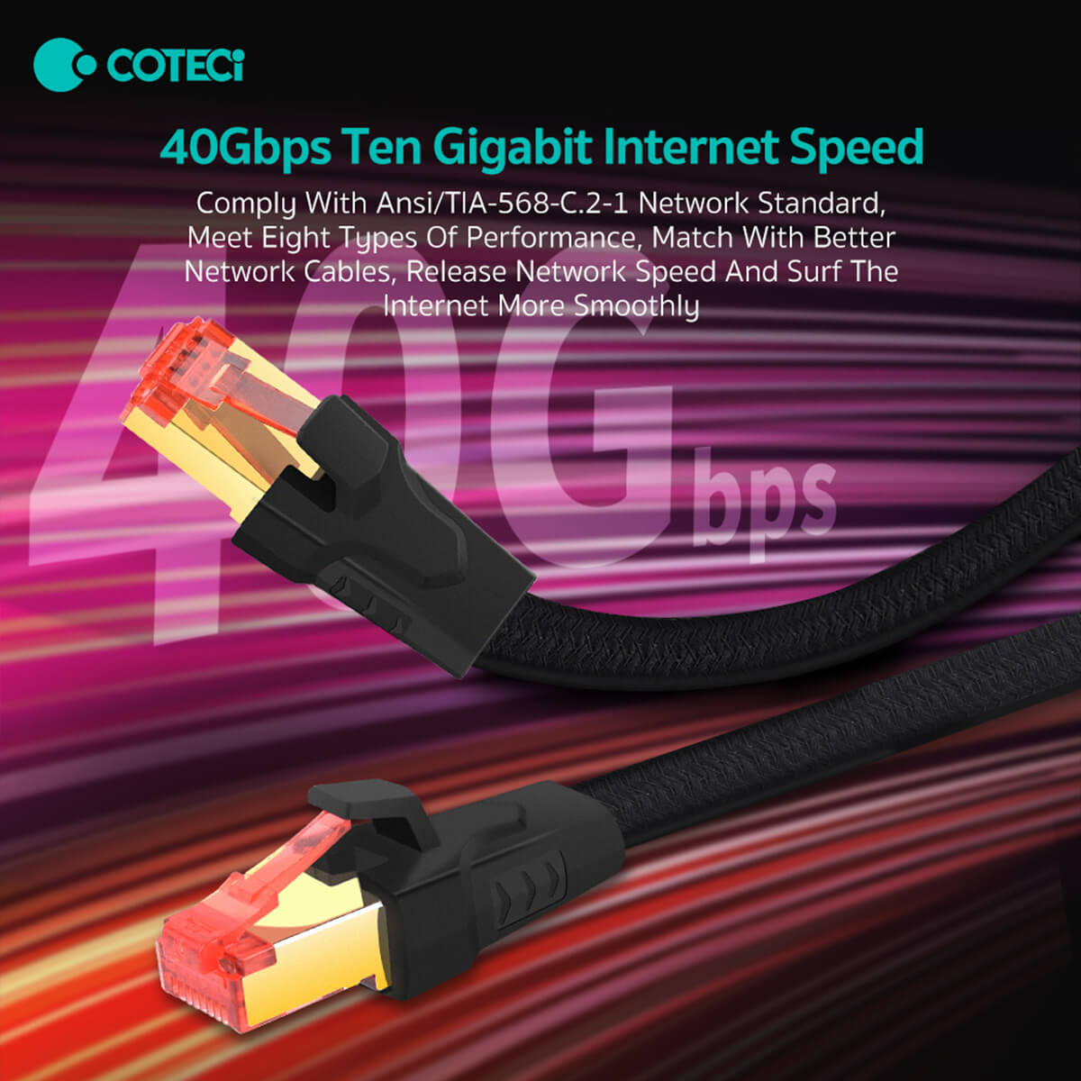 40Gbps high-speed COTEetCi CTA 8 Class 10 Gigabit Ethernet Cable with gold-plated connectors, meeting ANSI/TIA-568 standards for superior network performance.